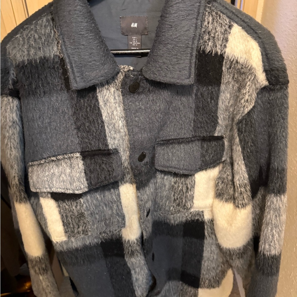 Fuzzy Plaid Jacket in Black, Blue, and White